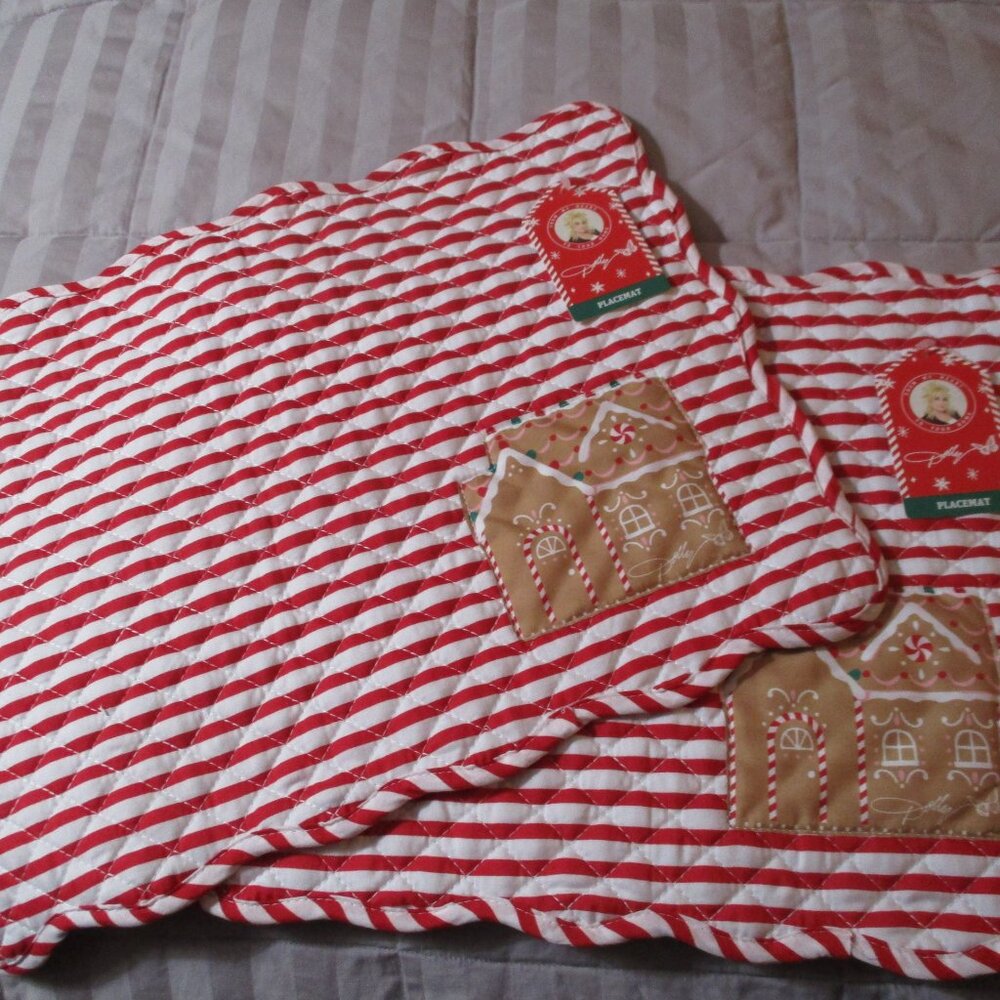 Set of Two DG Dollar General Gingerbread Striped Quilted Placemats Christmas NWT